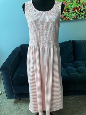 Croft & Barrow Smocked Midi Dress 0X Coral and White Striped Sleeveless Pockets